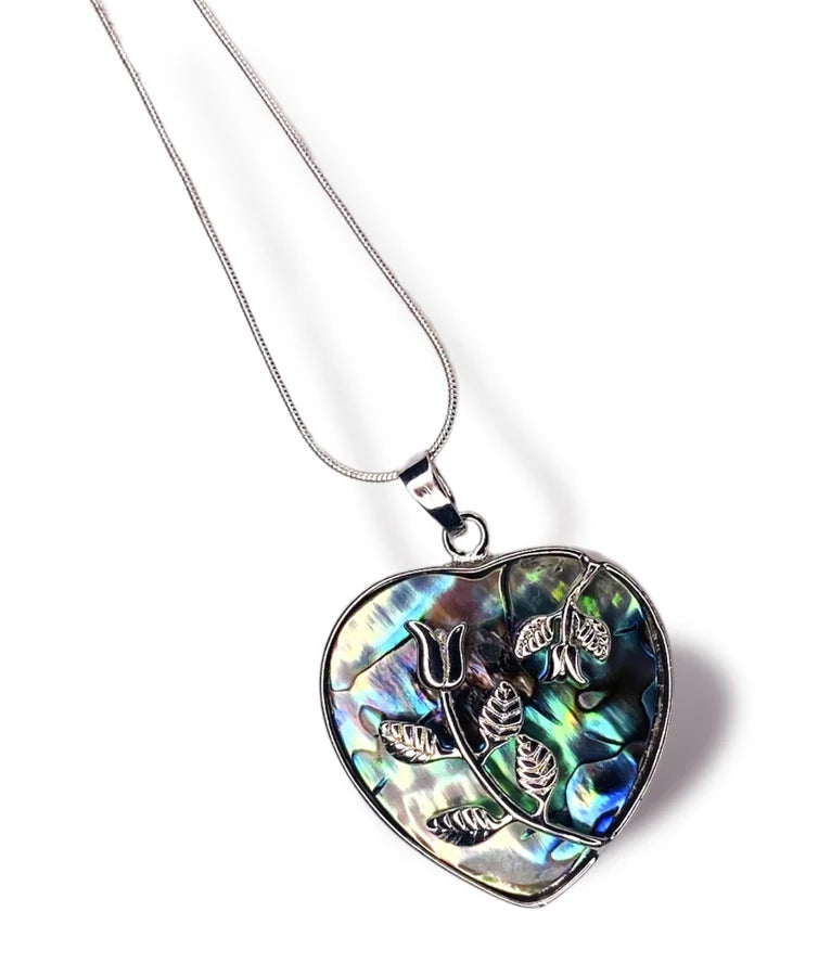 ABALONE SHELL HEART WITH ROSES NECKLACE