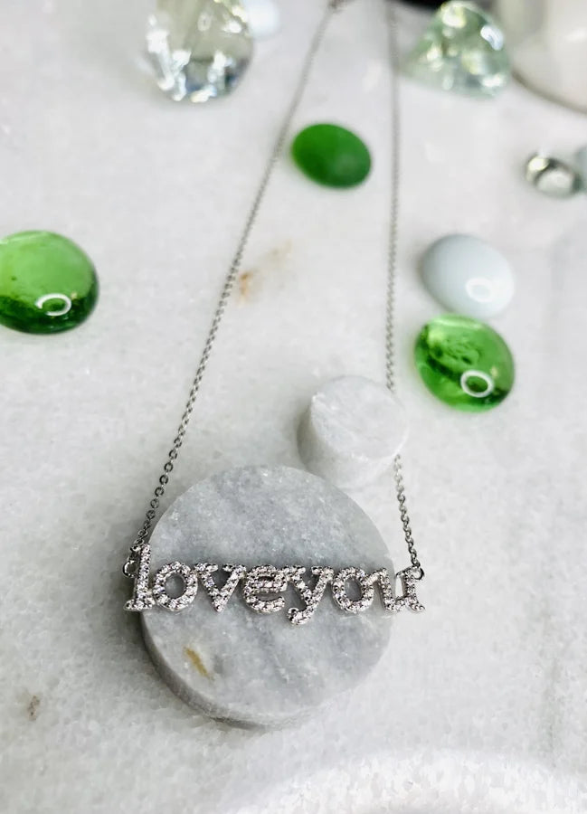 Cubic Zirconia "Love You" Pendant Necklace 16"+2