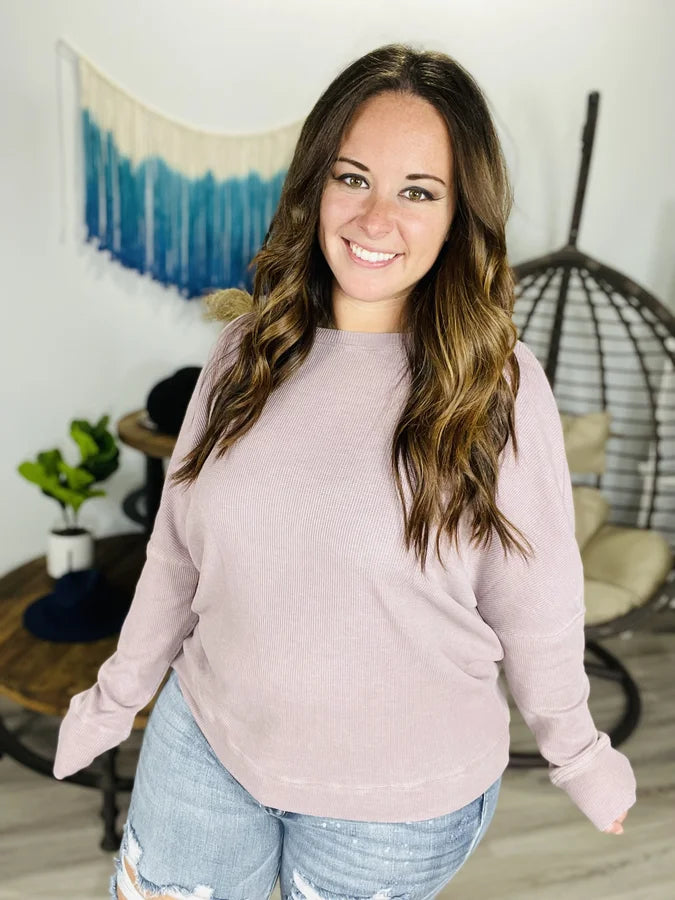 MONO B MAUVE WAFFLE KNIT ROUNDNECK PULLOVER