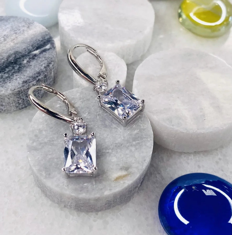 Hanging Earrings with Recatangle Cubic Zirconia Crystals