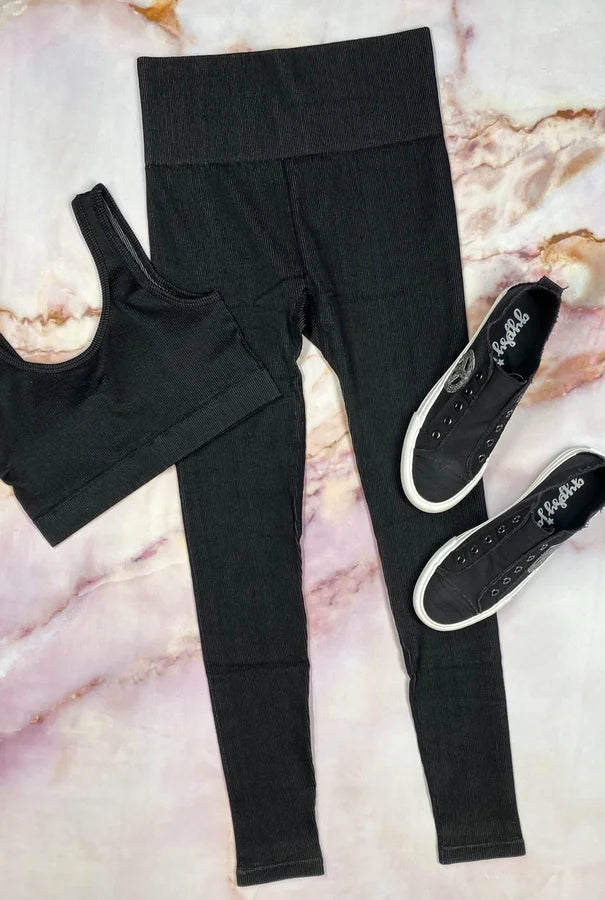 MONO B BLACK RIBBED DRY BRUSH HIGH WAIST LEGGINGS