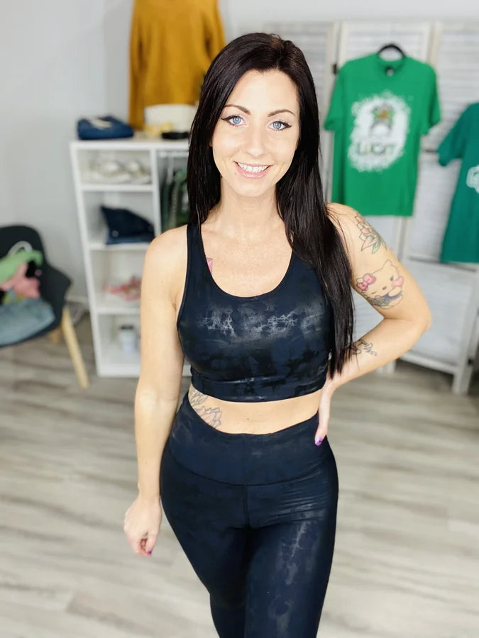 MONO B NAVY/BLACK OVERLAY METTALIC FOIL PRINT SPORTS BRA WITH KEYHOLE BACK