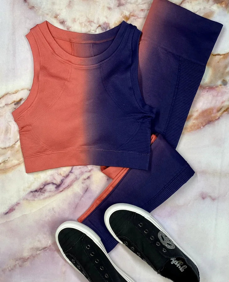 MONO B PEACH/NAVY SPLIT DYE SIDE RIBBED SEAMLESS SPORTS BRA