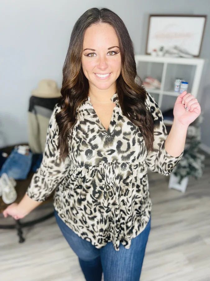 HONEY ME HI LOW MOCHA LEOPARD PRINT 3/4 SLEEVE BABYDOLL TOP