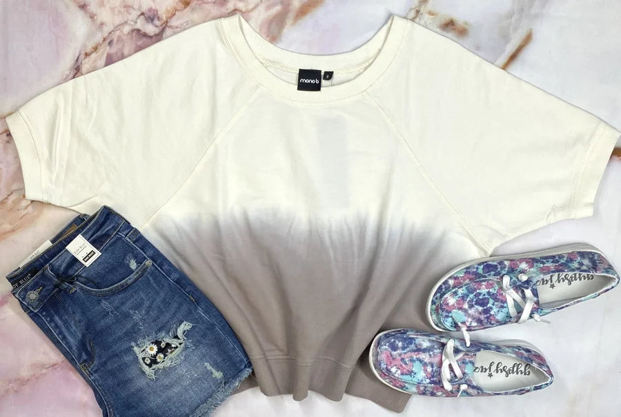 MONO B IVORY/DUSTY MAUVE OMBRE TIE DYE COTTON TERRY SHORT SLEEVE RAGLAN TOP