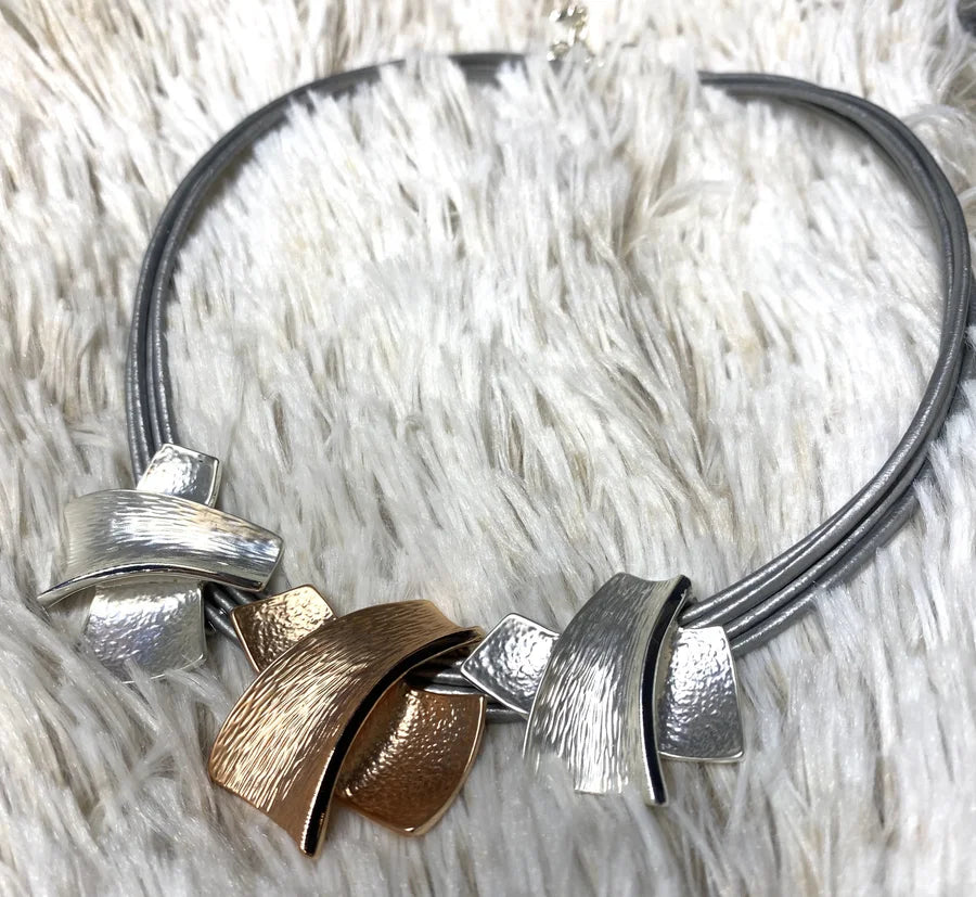 Silver Choker Necklace w/ Silver & Copper "X" Pendants