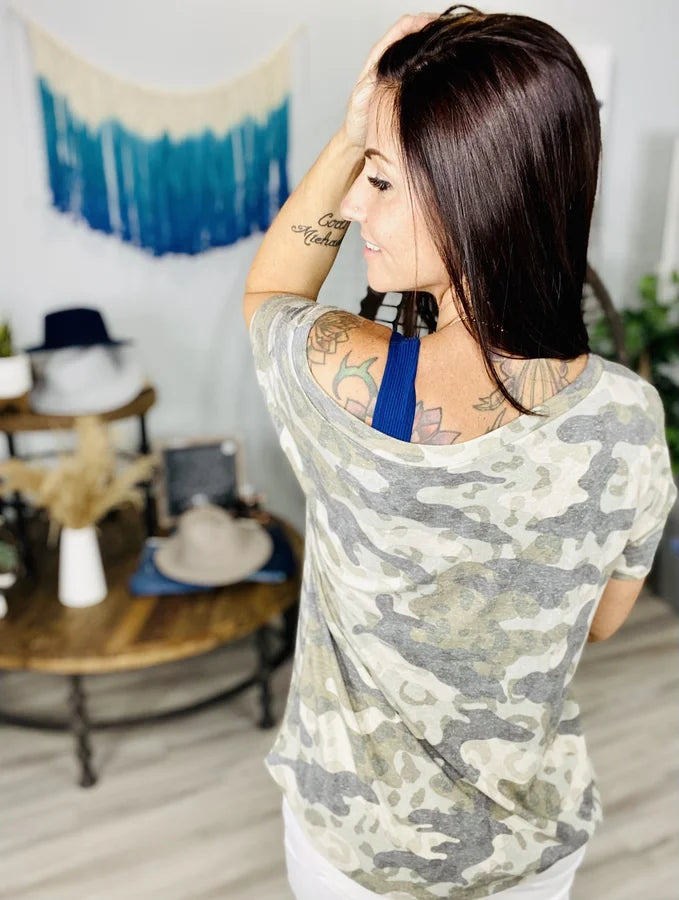 Reg/Plus Charcoal/Olive Camo Off-the-Shoulder Short Sleeve Top