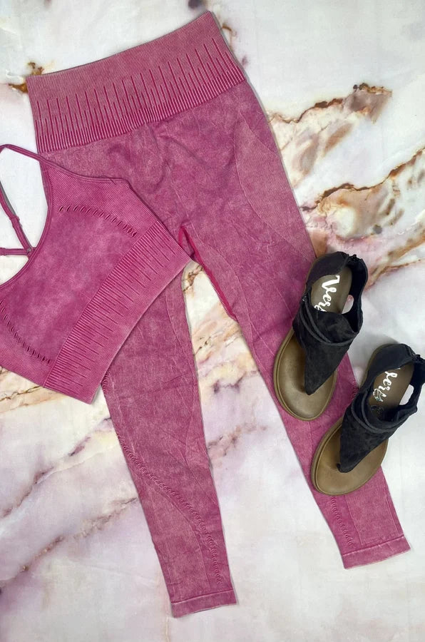 MONO B HOT PINK MINERAL-WASHED RIBBED AND PERFORATED HIGHWAIST LEGGINGS