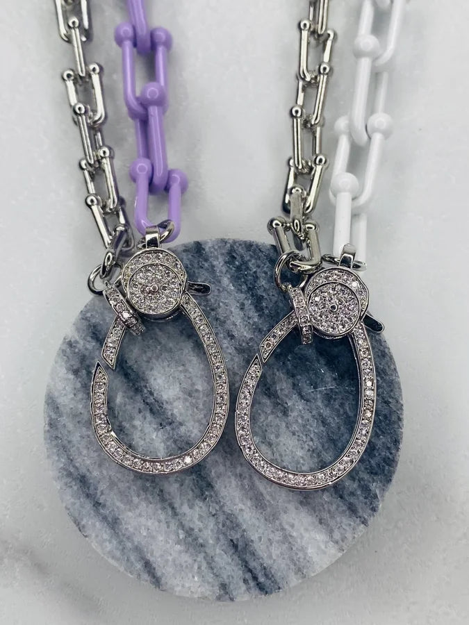18" Enamel/Rhodium Fancy Link Chain w/ CZ Clasp & Magnetic Closure
