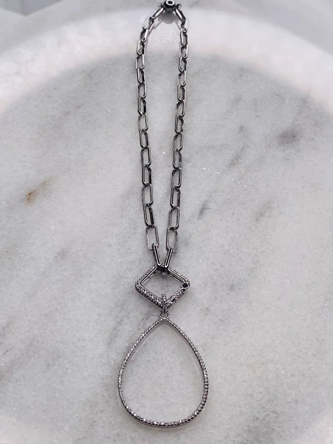 18" Rhodium Paperclip Link Chain w/ CZ Pear-Shaped Pendant & Magnetic Closure
