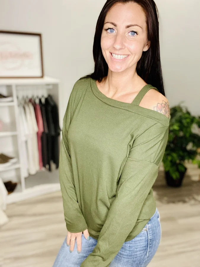 Reg/Plus Olive Ribbed Cold Shoulder Long Sleeve Top