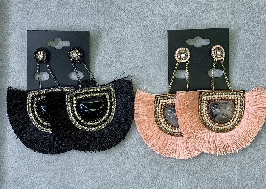 Fan Tassel Drop Earrings w/ Crystal Accents