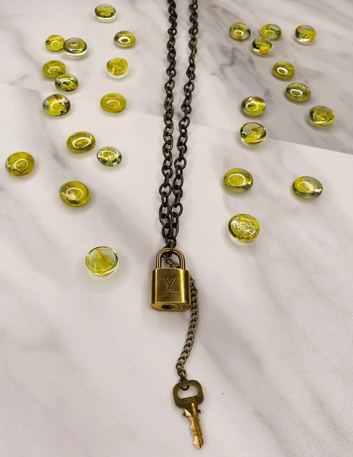 Bronze Chain Necklace w/ Brass Lock & Key Pendants