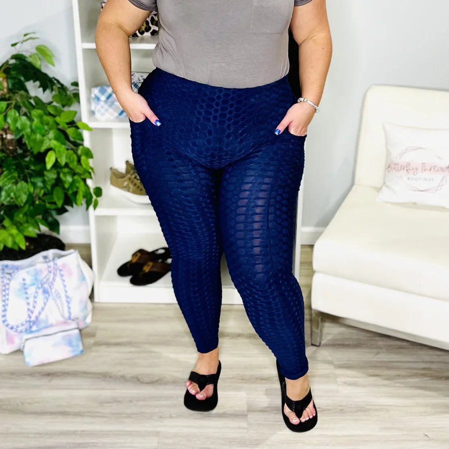 Reg/Plus Navy Honeycomb Textured Leggings