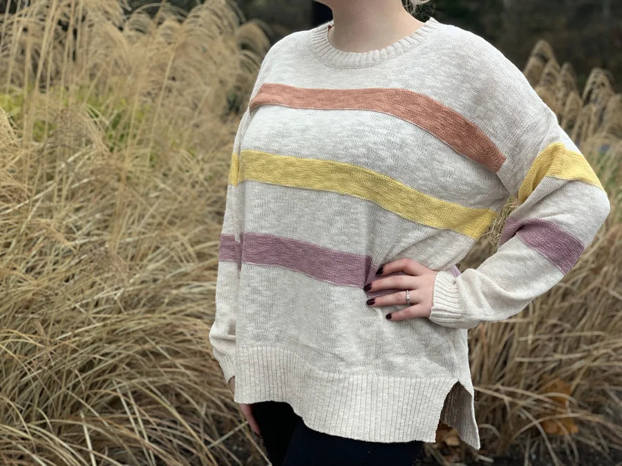 OATMEAL LONG SLEEVE MULTI COLOR STRIPE TOP