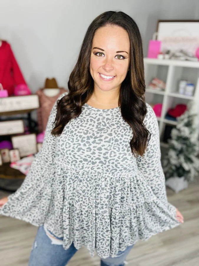 GREY LONG SLEEVE BURNOUT LEOPARD RUFFLE TOP