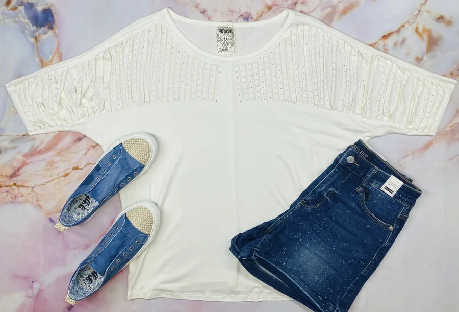 Ivory Short Sleeve Top w/ Laser Cut Sleeves & Rhinestone Detail