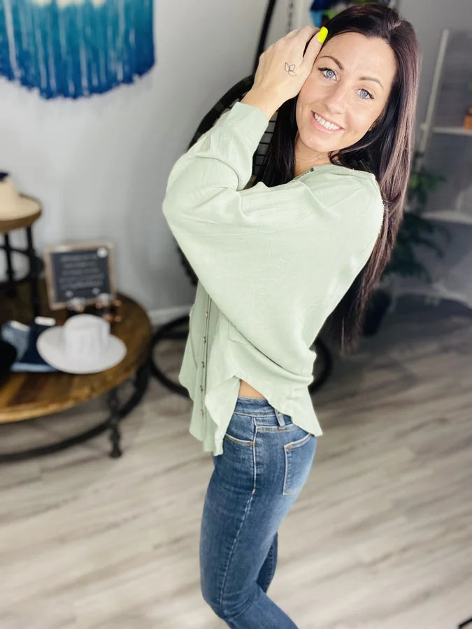 Reg. Sage Dolman Raw Cut Long Sleeve Top