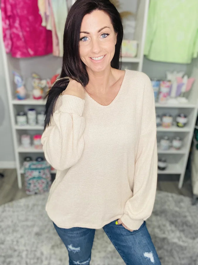 Pale Peach Waffle Knit Long Sleeve Scoop Neck Sweater