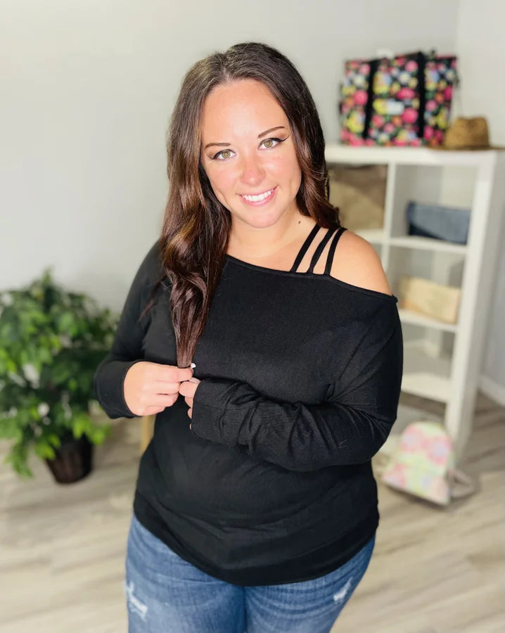Reg/Plus Black Long Sleeve Strappy Cold Shoulder Top