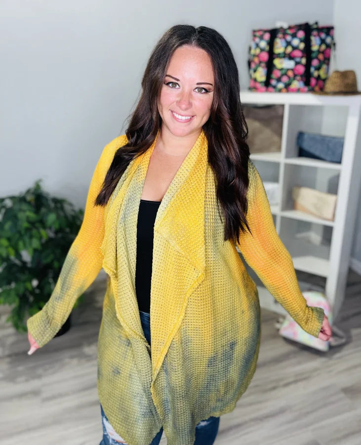 Reg. Golden Yellow/Olive Tie Dye Crochet Knit Cardigan