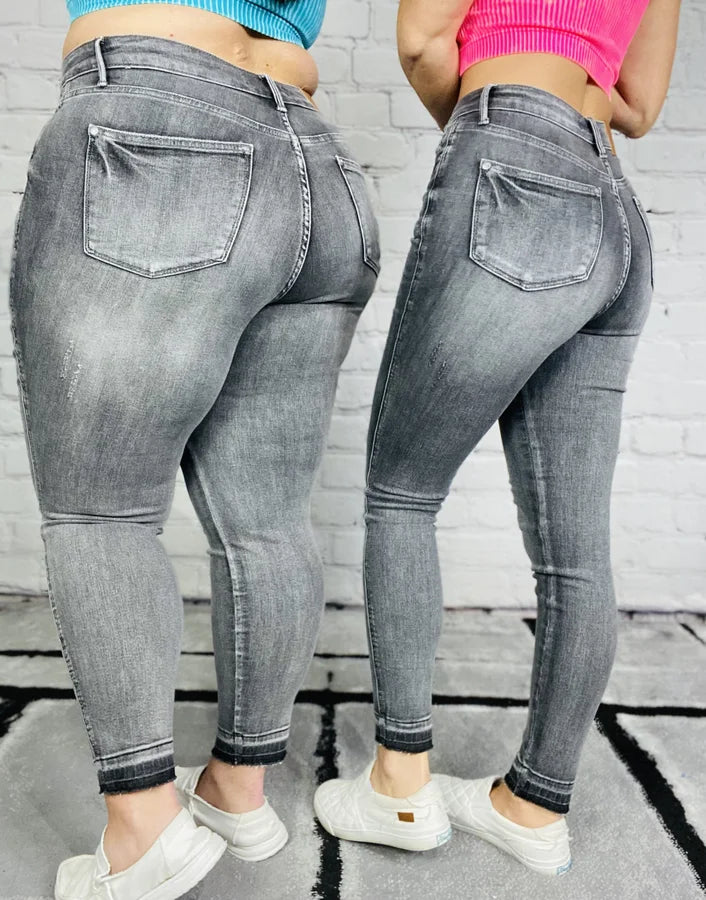 Judy Blue - "Angela" Grey High-Waisted Tummy Control Release Hem Skinny Jeans