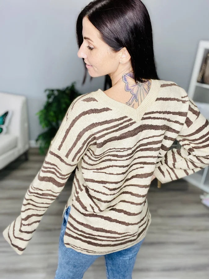 Reg. Taupe Zebra Striped V-Neck Sweater