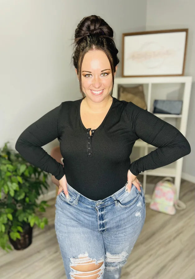 Reg/Plus Black Button-Down Long Sleeve Bodysuit