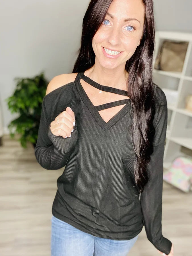 Reg/Plus Black Criss-Cross Long Sleeve Top