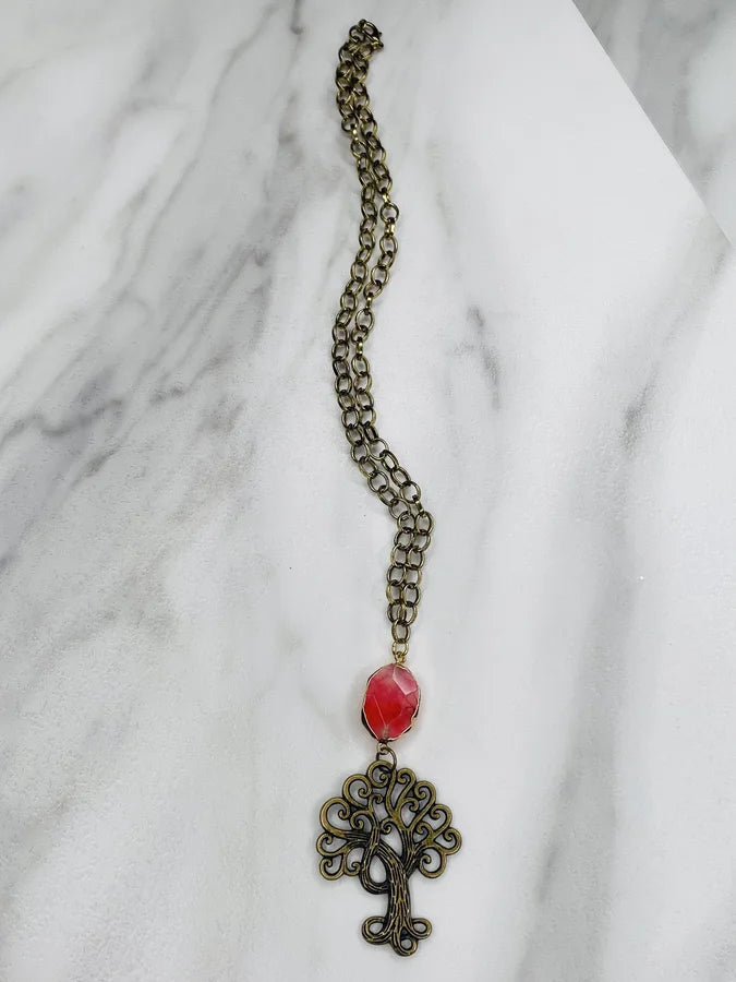 Antique Gold Necklace w/ Tree of Life Pendant & Pink Agate Stone