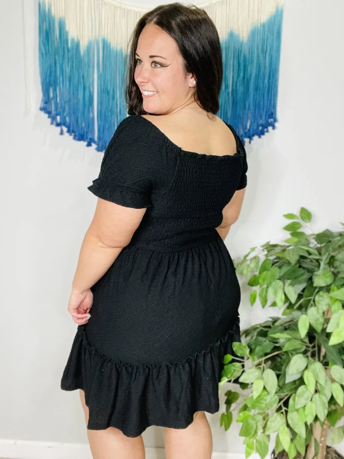 Black Smocked Short Sleeve Knit Dress