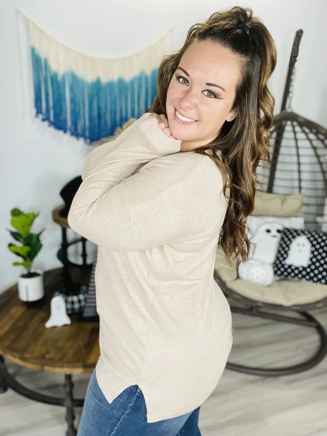 Taupe V-Neck Long Sleeve Sweater - Reg/Plus