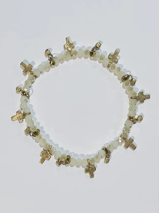 Cream Faceted Bracelet w/ Gold Crosses