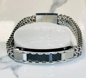 Stainless Steel Wheat Link Carbon Fiber ID Bracelet - 8"