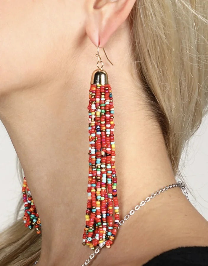 Fine Beaded Long Tassel Dangle Earrings