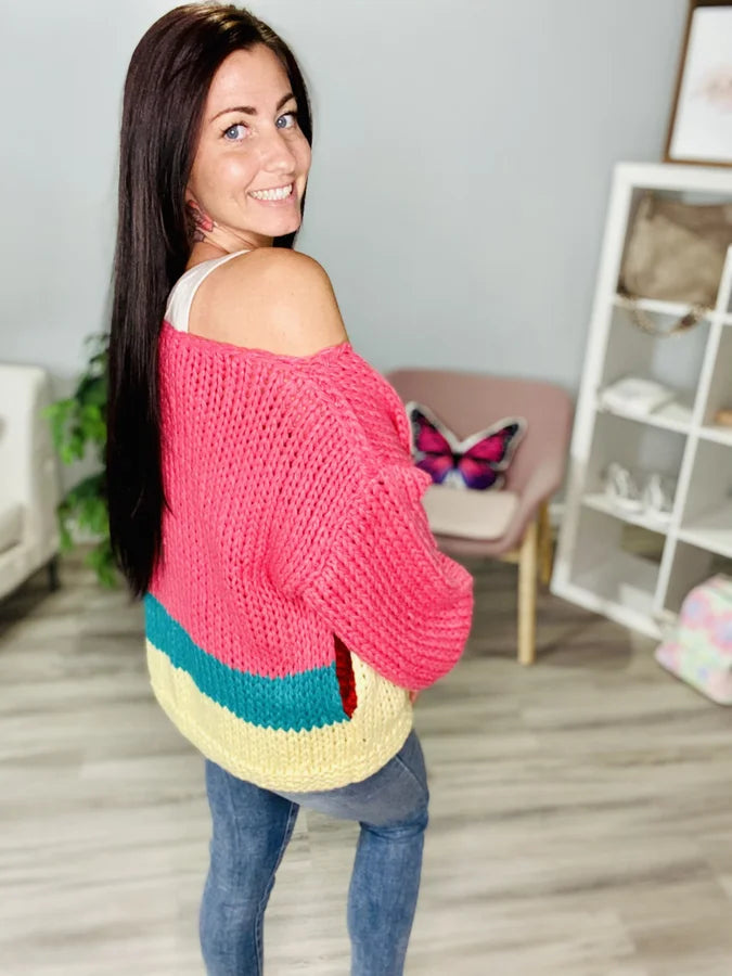 Reg. Pink/Lime Green Color Block Cardigan