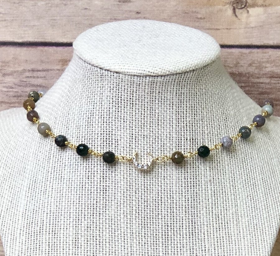 MULTI COLOR BEAD CHOKER NECKLACE WITH RHINESTONE MOON DETAIL