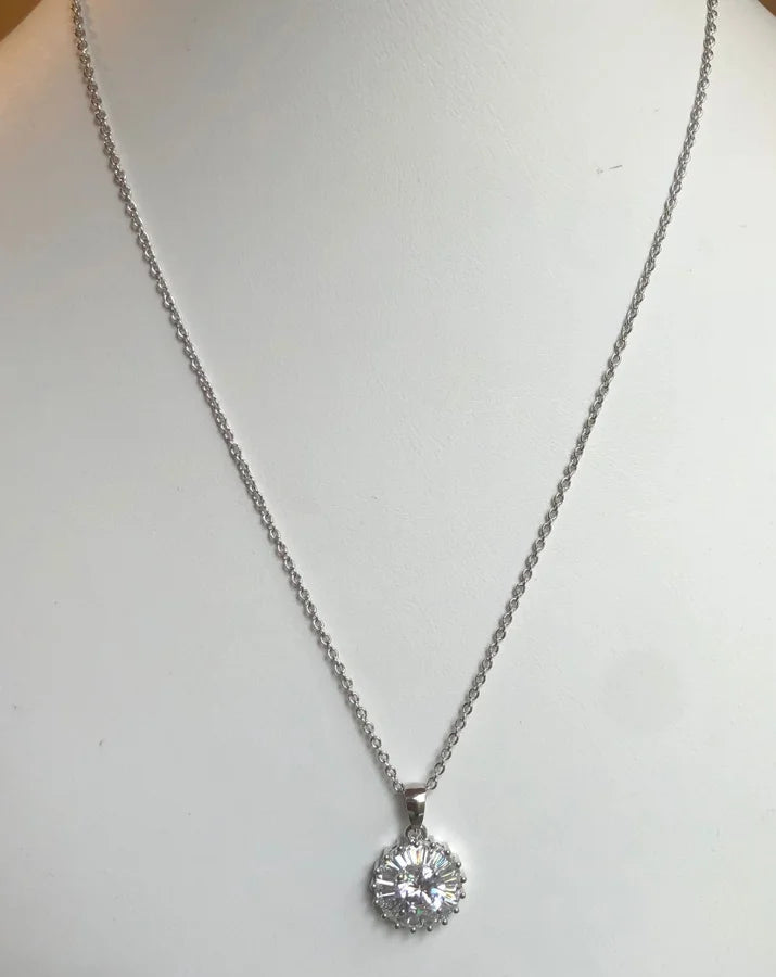 Rhodium Plated Brass Solitaire Cubic Zirconia Necklace - 16" +2