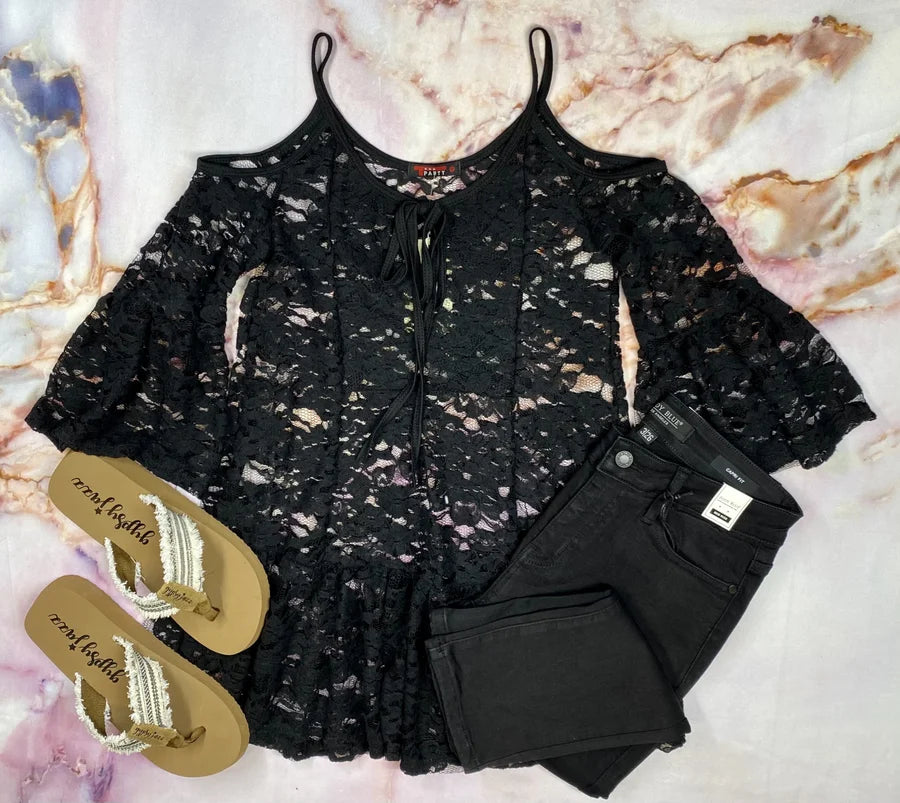 Black Floral Lace 3/4 Sleeve Cold Shoulder Top w/ Tie Detail