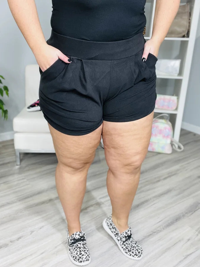Reg/Plus Black Thick Knit Harem-Style Shorts