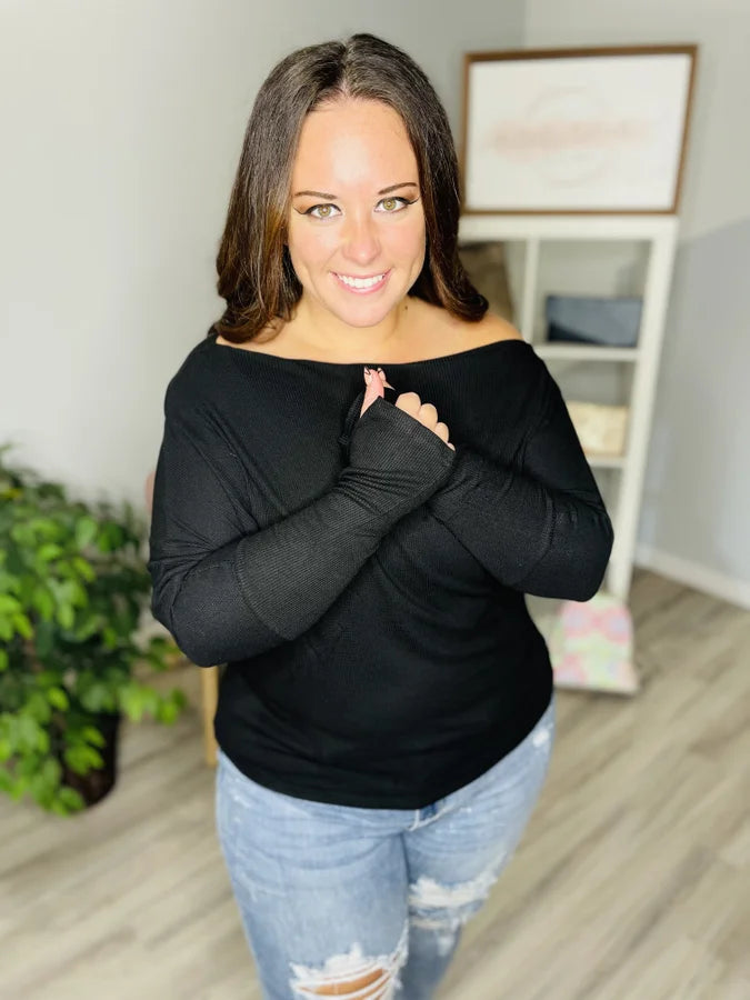Reg. Black Off-the-Shoulder Long Sleeve Top