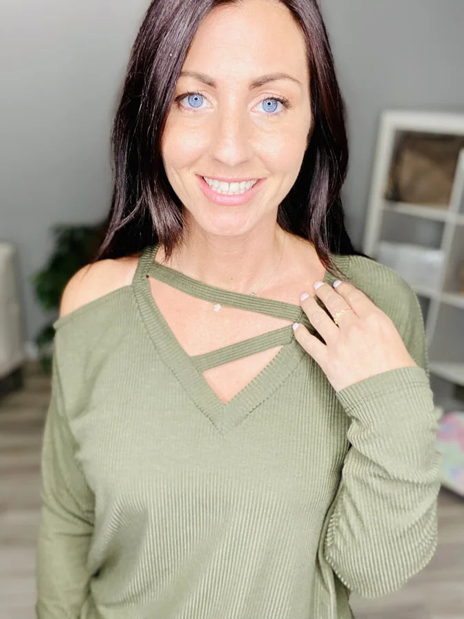 Reg/Plus Olive Criss-Cross Long Sleeve Top
