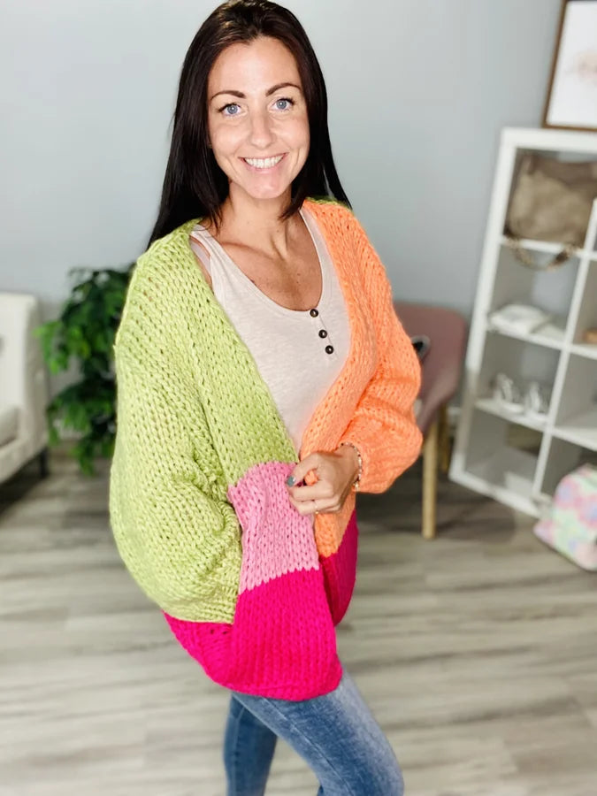 Reg. Olive/Orange Color Block Cardigan
