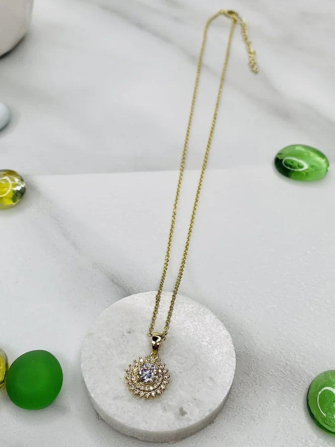 Gold Plated Brass Solitaire Cubic Zirconia Necklace - 16" +2