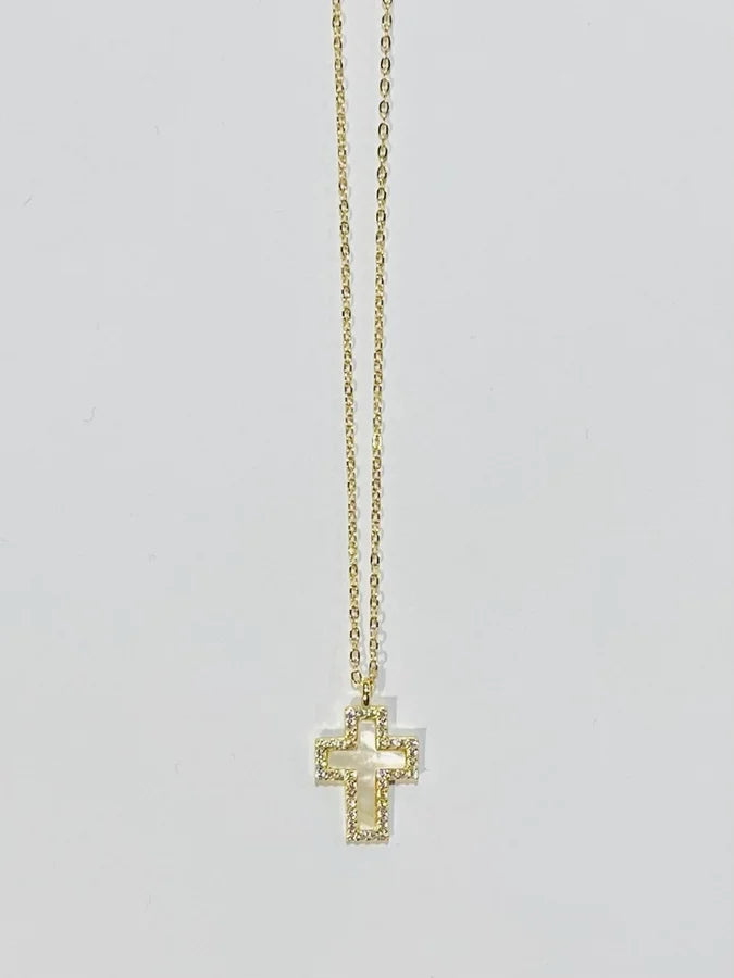 Sterling Silver Gold Plated Mother of Pearl Cross Necklace - 16" +2