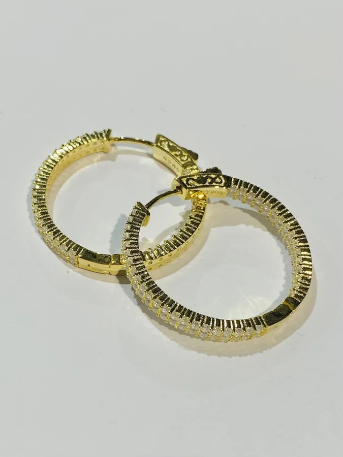 Sterling Silver Gold Plated In & Out Fancy Cut Cubic Zirconia Hoop Earrings - 30MM