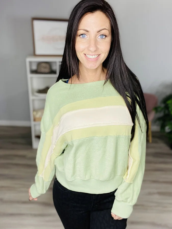 Reg. Light Green French Terry Frayed Long Sleeve Top