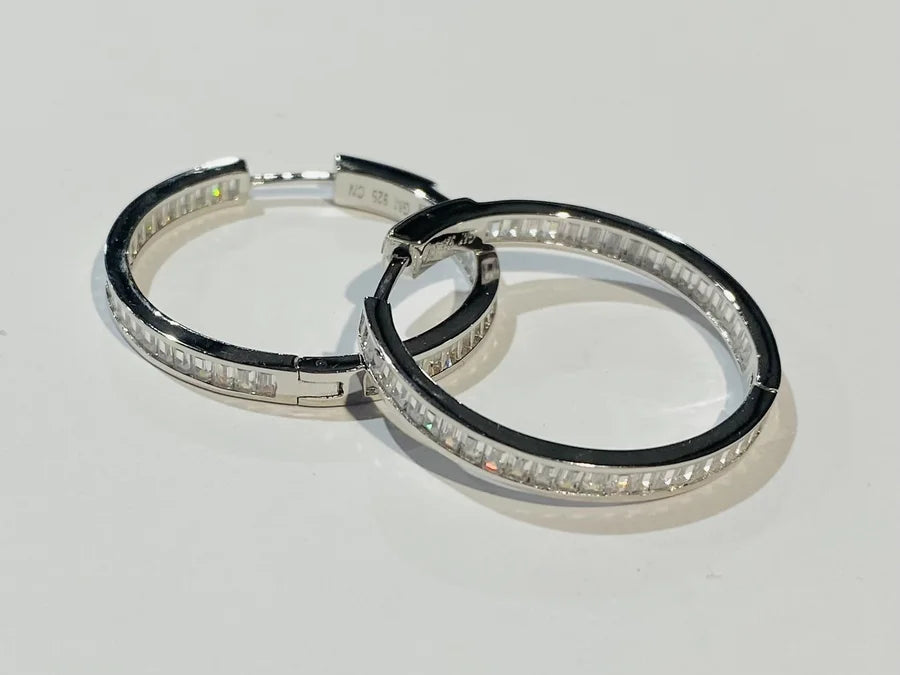 Sterling Silver In & Out Cubic Zirconia Hoop Earrings - 30MM