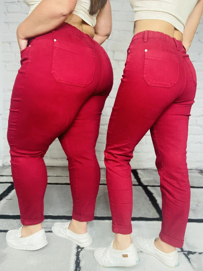 Judy Blue - "Mackenzie" Scarlet High-Waisted Double Cuff Denim Joggers