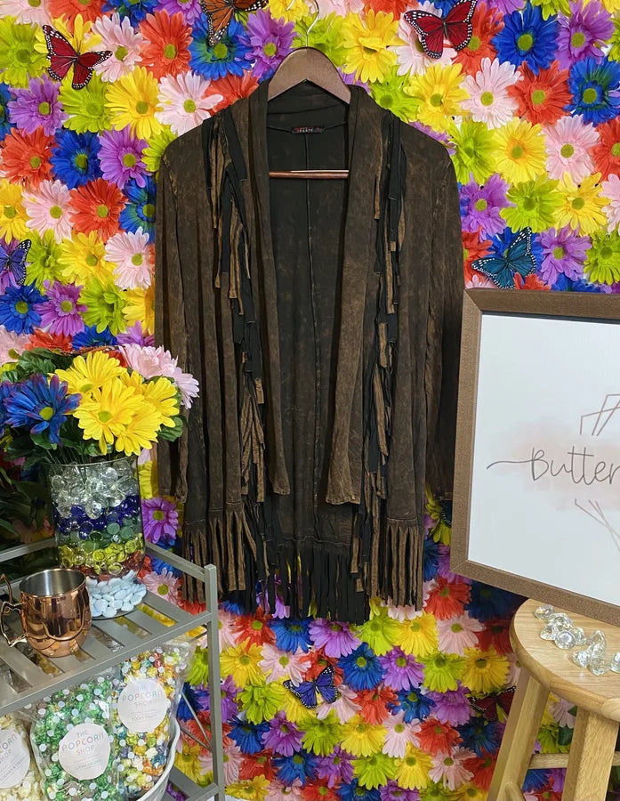Dark Caramel Long Sleeve Cardigan w/ Fringe Detail